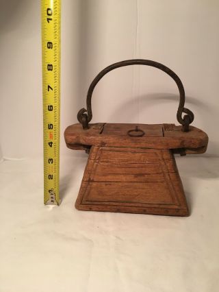 Antique Early Primitive Wooden Tinder Box Hand Carved Iron Hardware Handle