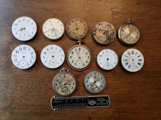 12 Vintage & Antique Pocket Watch Movements For Repair - 15j 17j,  Some Dials.