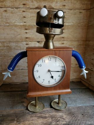 Vintage Mixed Media Robot Clock Sculpture American Folk Art Signed