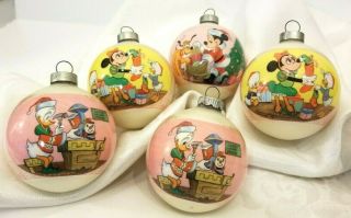 5 Vintage Disney Mickey Donald Minnie Pluto Christmas Glass Ball Ornaments
