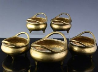 5 Old Chinese Gilt Bronze Dragon Tripod Censer Bowls Xuande Ming Dynasty Marks
