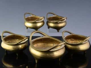 5 OLD CHINESE GILT BRONZE DRAGON TRIPOD CENSER BOWLS XUANDE MING DYNASTY MARKS 2