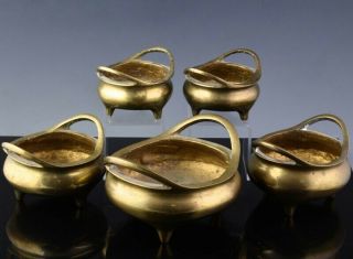 5 OLD CHINESE GILT BRONZE DRAGON TRIPOD CENSER BOWLS XUANDE MING DYNASTY MARKS 3