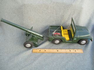 Vintage 1950s - 1960s Japan Tin Friction Toy Army Jeep W Firing Cannon