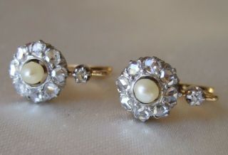 Antique French Victorian 18ct Yellow White Gold Diamond Pearl Leverback Earrings