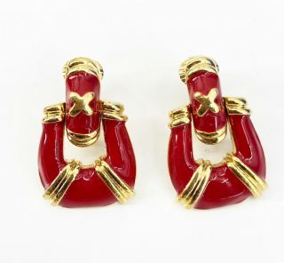 Vintage Avon Signed Red Enamel Gold Tone Metal Clip On Earrings Estate Jewelry