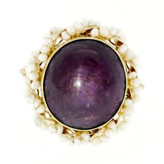 Vintage 14k Gold 16.  08ct Oval Cabochon Purple Star Ruby Ring W/ Seed Pearl Frame
