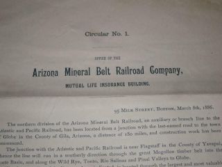 1886 Arizona Mineral Belt Railroad Stock Circular