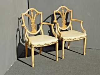 Vintage French Country White Ornate Hepplewhite Shield Back Arm Chairs