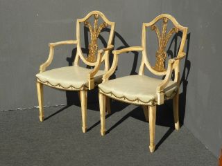 Vintage French Country White Ornate Hepplewhite Shield Back Arm Chairs 2