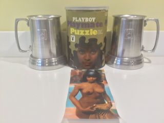 Vintage 1968 Playboy Playmate Centerfold Puzzle October Jean Bell & (2) 1972 Mugs
