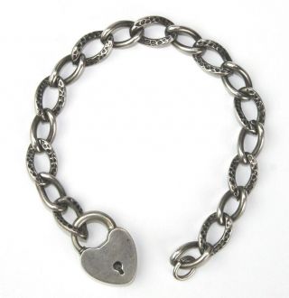 Antique Victorian Sterling Silver Heart Shaped Padlock Clasp Link Bracelet Sms