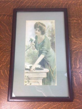 Antique Framed Matted Lithograph Print Woman Water Lilies Victorian Lady Green