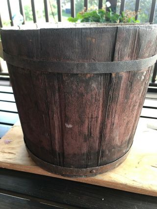 Primitive Vtg Staved Wooden Sap Syrup Bucket Old Red Paint Vermont Barn Find