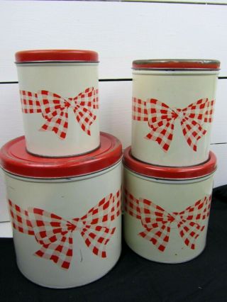 Vintage Decoware Red Gingham Bow Metal Tin Canister Set Nesting (4) - Farm House