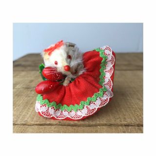 Vintage Fur Toy West Germany Christmas Mouse Holly Berry Holiday
