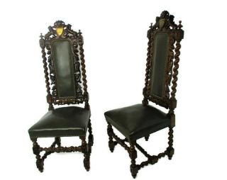 Antique Gothic Couple Throne Chairs Barley Twist Lions Shields Swords Ornate