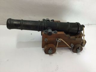 Vintage Metal Black Painted Toy Cannon For A Sailing Ship Wood Carriage 11 In.