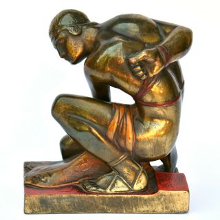 Antique Art Deco Bookend - Nude Male Athlete - Bronze Clad & Polychrome