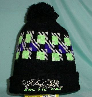 Vintage Arctic Cat Hat Stocking Cap Snowmobile Winter Hat Beanie Pom Black Knit