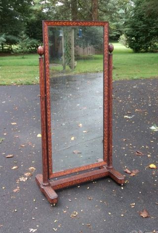 Antique Dutch Style Marquetry Inlaid Full Length Cheval Mirror