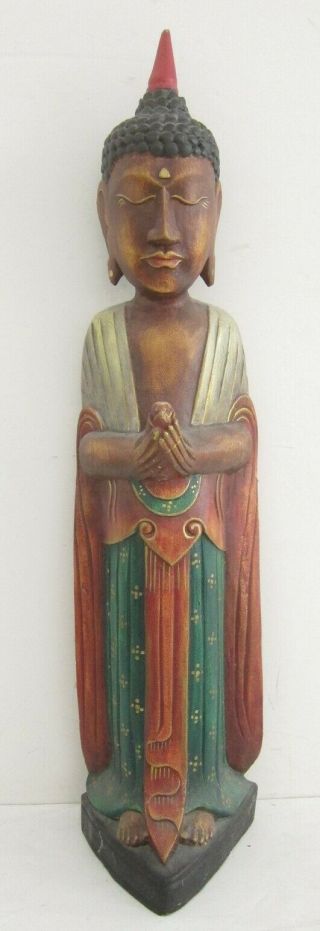 Thai Cambodian Meditating Buddha Monk Vtg Hand Carved Painted Wood Sculpture 22 "