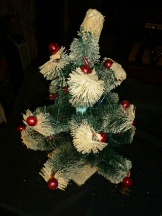 Vtg 18 " Bottle Brush Table Top Christmas Tree W/ Flocking & Red Balls