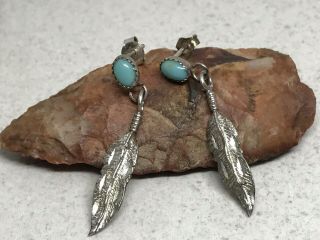Vintage Southwest Sterling Silver Turquoise Feather Dangle Post Earrings