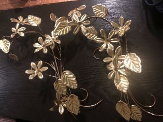 (2) Vintage Mid Century Modern Brass Wall Art Decor Metal Flowers