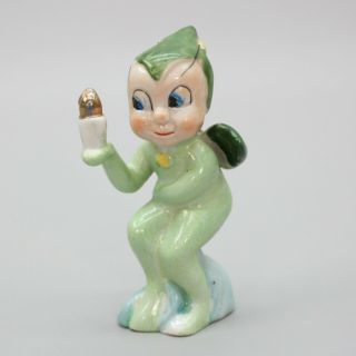 Vintage 4.  5 " Christmas Elf Pixie Troll Ceramic Figurine Green Hat Candle Japan