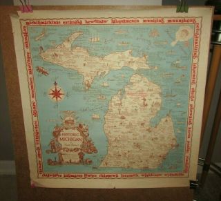 Vintage Historic Michigan Map By Frank Barcus 1952 Measures 27 " X 27 "