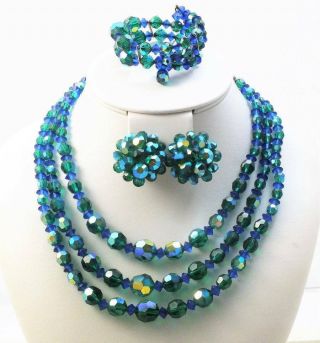 Vtg Blue Green Ab Glass Crystal 3 Strand Necklace Bracelet Cluster Earrings