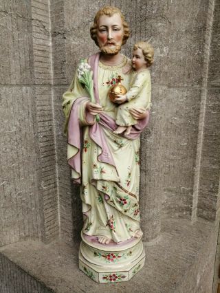 Big Antique Porcelain Bisque St Joseph Child Jesus Altar Standing Figure Statue -