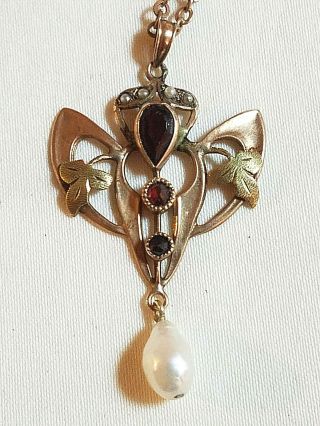 Antique Art Nouveau 10k Rose Gold Garnet & Pearl Lavalier Pendant Necklace