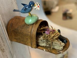 Vintage Miniature Dollhouse Artisan Rusty Old Mailbox Diorama Birds Nest Mail