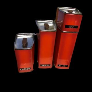 Vintage Mid Century 4 Piece Lincoln Beautyware Metal Canister Set Red