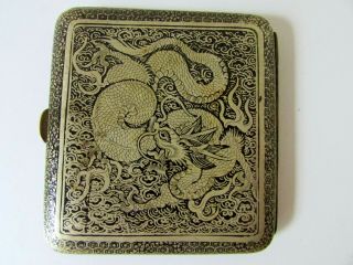 Antique Chinese Japanese Bronze Engraved Enameled Dragon Village Cigarette Case