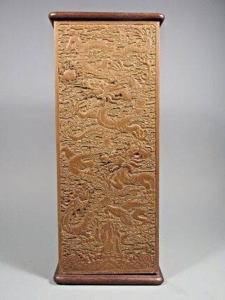 Fine Rare China Chinese Carved Wood Brush Pot W/ Dragon Decor Ca.  19th Century