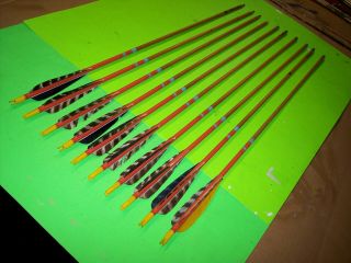 Ten (10) Vintage Wooden Cedar Arrows With Feather Fletch