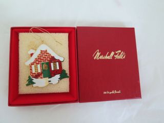 Vtg Marshall Field’s 24kt Gold Finish Winter House Christmas Ornament W/box