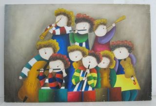 Whimsical Folk Art Musicians Vintage Oil Painting On Canvas Signed Heather 24x36