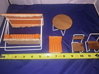 Doll Furniture - Lundby - 5 Pc - Garden Swing & Wood Table - Both With Matching Chairs