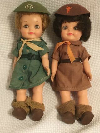 Two Vintage Effanbee Girl Scout & Brownie Dolls 1965 Complete Outfits