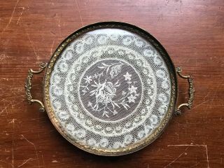 Antique French Style Round Dresser Vanity Tray W/ornate Lace Doily Between Glass