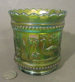 Antique Northwood Carnival Glass Green " Peacock At Fountain " Iridescent Spooner
