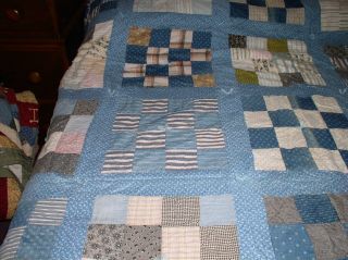 Antique 16 Patch Full/queen Quilt Blues 76 " By 94 " 30 Squares Hand Tied