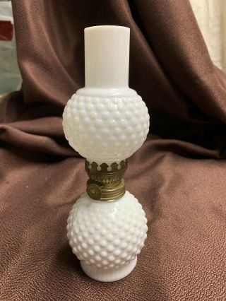 Vintage Mini Hurricane Oil Table Lamp White Hobnail Milk Glass With Shade