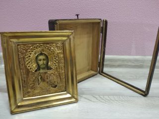 Antique Russian Orthodox Wooden Icon Of Jesus Christ,  Wooden Kiot.
