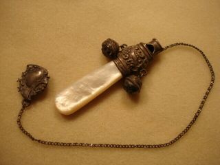 Antique Sterling Silver Baby Rattle Teether Mother Of Pearl W Bells & Chain &pin