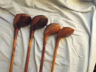 4 Antique Hickory Wood Shaft Golf Clubs Drivers Brassie 2